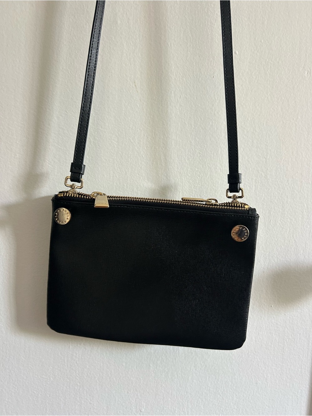 Furla Black Leather Shoulder Bag With Gold Button, Adjustable Strap